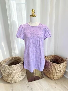 J. Crew Factory Women’s Embroidered Puff Sleeve 100% Cotton Dress Lavender Sz 10